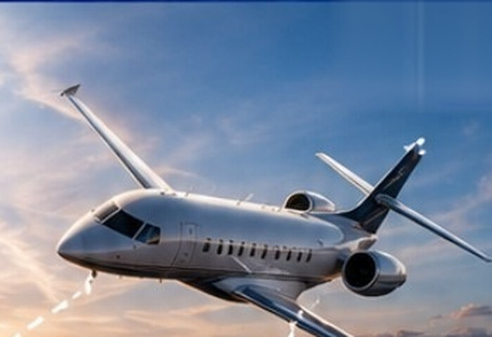 Business jet climbing through a sunset sky, representing the connected client record in flight.