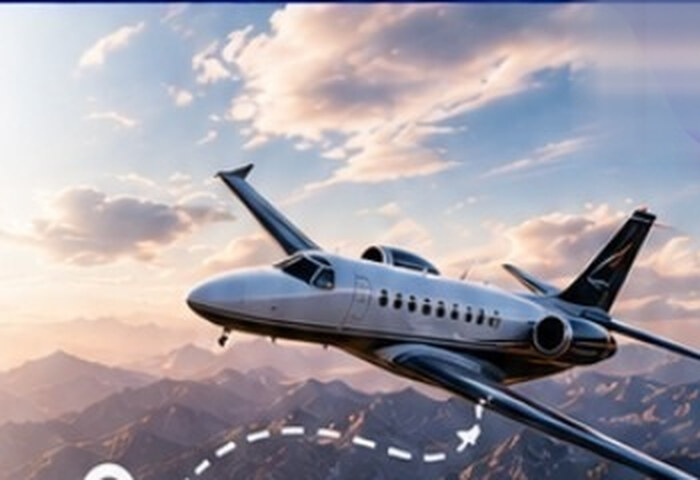 Business jet tracking a dashed flight path over mountains, representing connected client communications.