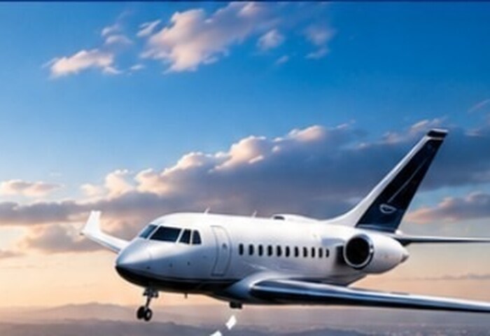 Business jet climbing above the clouds at sunset, representing brokerage growth.