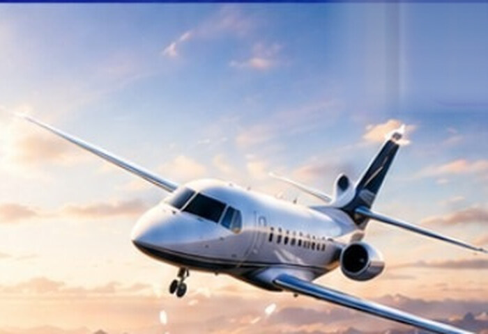 Business jet on a dashed flight path over a sunset sky, representing the renewal and market workflow.